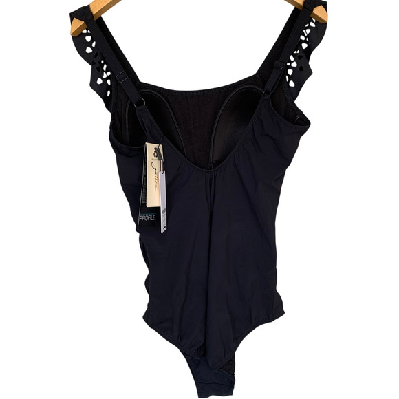 Gottex One Piece NWT Size 14 Ruffle Square Neck Black Romantic Embroidery - Picture 2 of 5